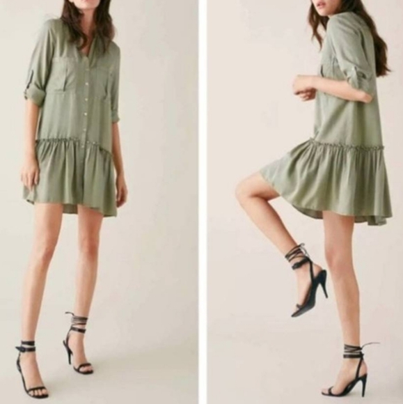 Zara Dresses & Skirts - Zara sage green dress with bottom ruffle & optional button sleeves size XL EUC